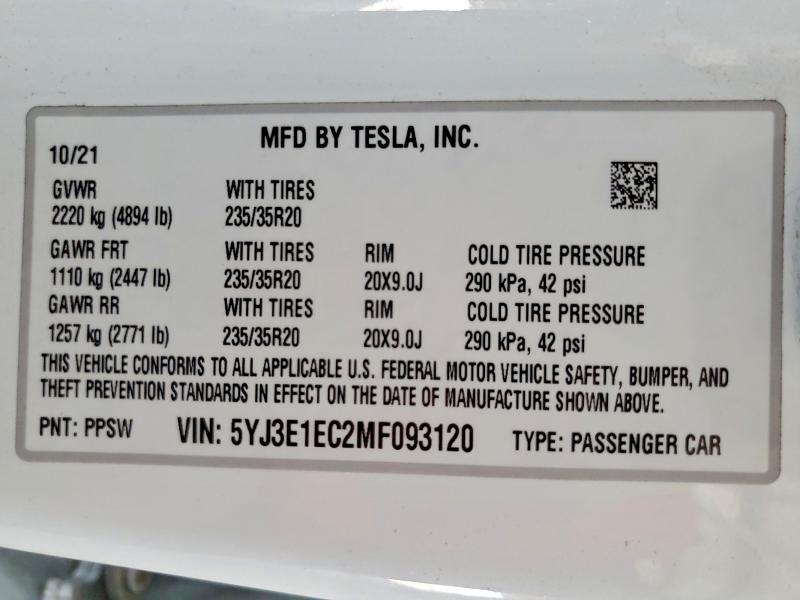 Продажа на аукционе авто 2021 Tesla Model 3, vin: 5YJ3E1EC2MF093120, номер лота: 62542536