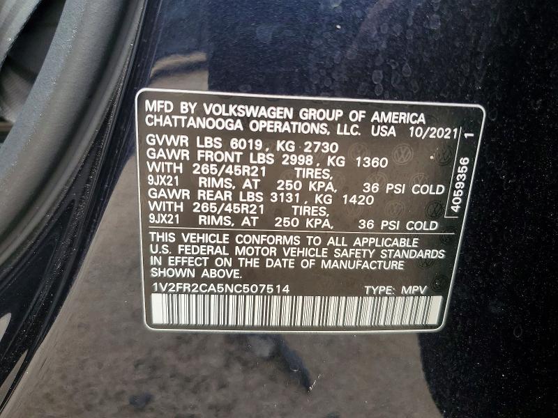 60248276 :رقم المزاد ، 1V2FR2CA5NC507514 vin ، 2022 Volkswagen Atlas مزاد بيع