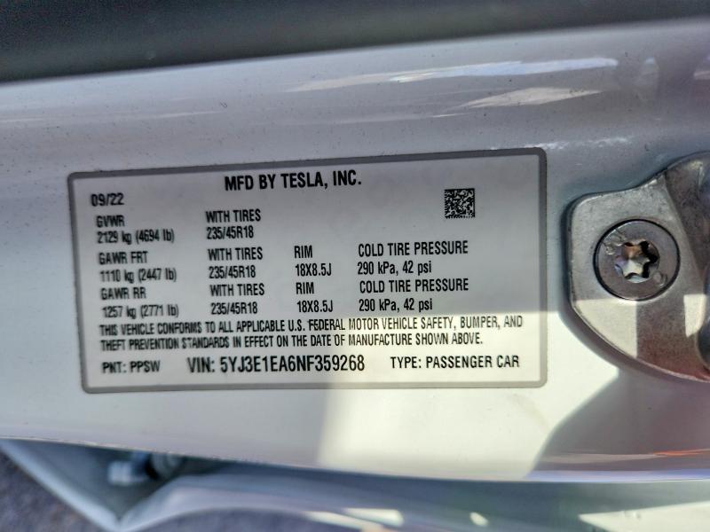Aukcja sprzedaży 2022 Tesla Model 3, vin: 5YJ3E1EA6NF359268, numer aukcji: 61058576
