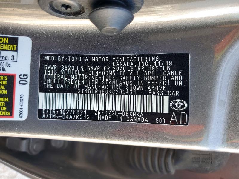 2019 Toyota Corolla მანქანა იყიდება აუქციონზე, vin: 2T1BURHE0KC206431, აუქციონის ნომერი: 62030036