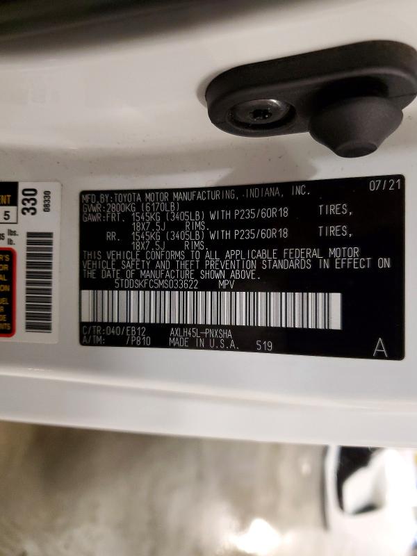 Продажа на аукционе авто 2021 Toyota Sienna, vin: 5TDDSKFC5MS033622, номер лота: 59303666