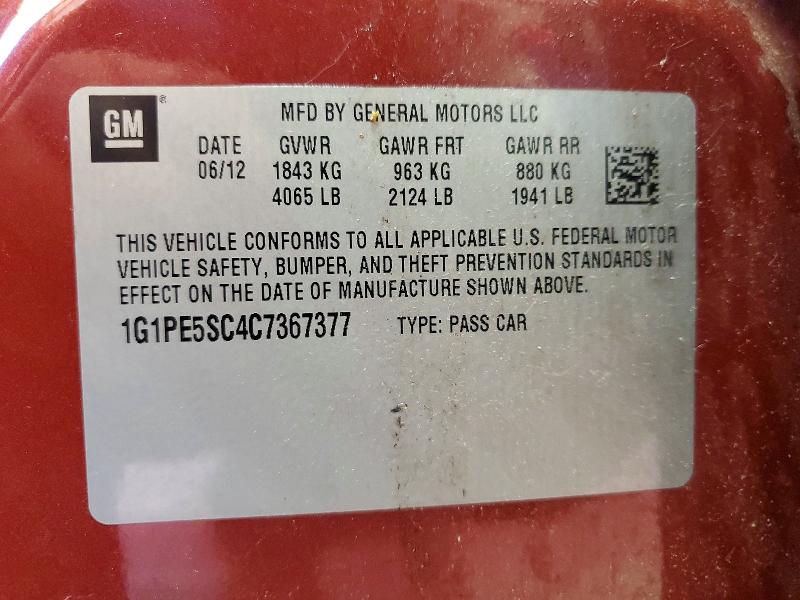 2012 Chevrolet Cruze მანქანა იყიდება აუქციონზე, vin: 1G1PE5SC4C7367377, აუქციონის ნომერი: 60846226
