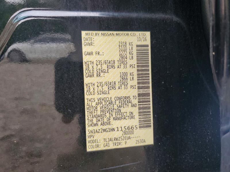 2017 Nissan Murano მანქანა იყიდება აუქციონზე, vin: 5N1AZ2MG1HN115665, აუქციონის ნომერი: 62608516