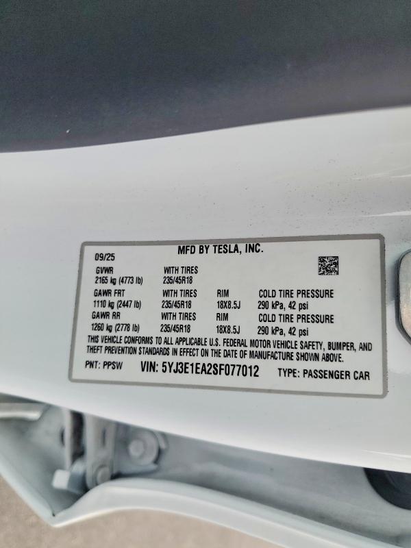 Продажа на аукционе авто 2025 Tesla Model 3, vin: 5YJ3E1EA2SF077012, номер лота: 59336426