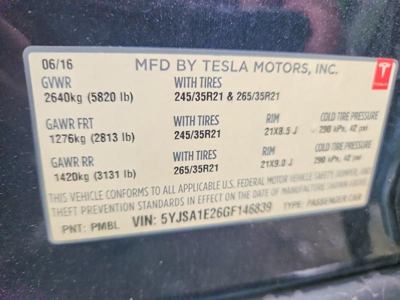 Продажа на аукционе авто 2016 Tesla Model S, vin: 5YJSA1E26GF146839, номер лота: 60360046