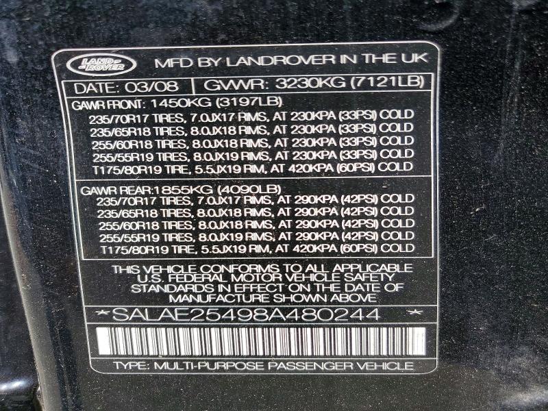 Продажа на аукционе авто 2008 Land Rover Lr3, vin: SALAE25498A480244, номер лота: 63518326