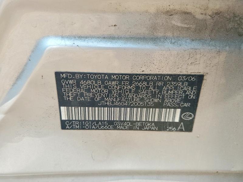 2007 Lexus Es მანქანა იყიდება აუქციონზე, vin: JTHBJ46G472005135, აუქციონის ნომერი: 62797706