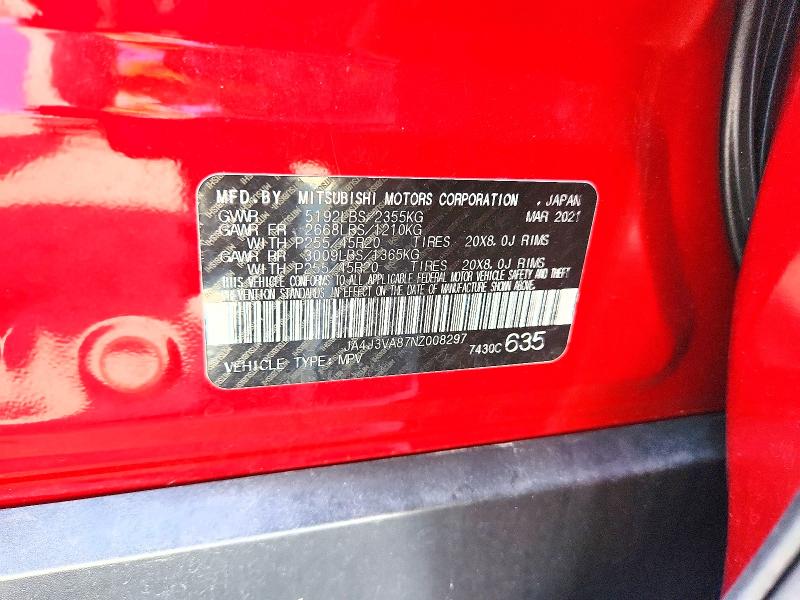 61187376 :رقم المزاد ، JA4J3VA87NZ008297 vin ، 2022 Mitsubishi Outlander مزاد بيع