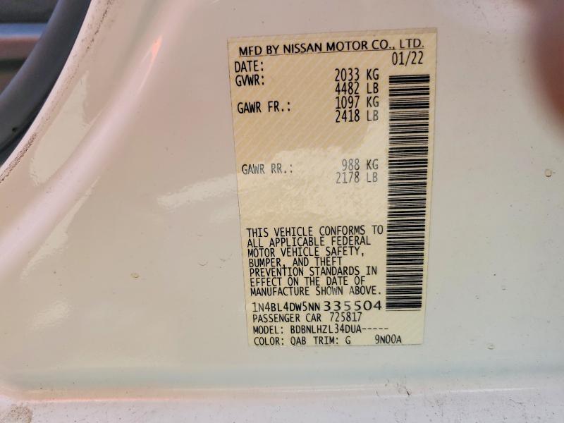 2022 Nissan Altima მანქანა იყიდება აუქციონზე, vin: 1N4BL4DW5NN335504, აუქციონის ნომერი: 62214136