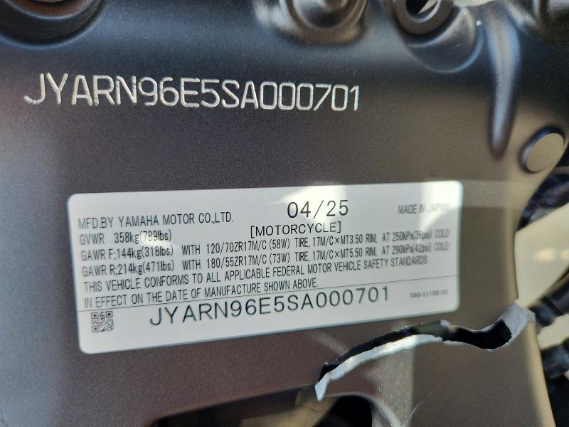 2025 Yamaha Mtm890 მანქანა იყიდება აუქციონზე, vin: JYARN96E5SA000701, აუქციონის ნომერი: 60231586