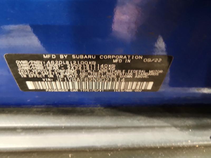 2022 Subaru Wrx მანქანა იყიდება აუქციონზე, vin: JF1VBAF62N9021314, აუქციონის ნომერი: 60436286