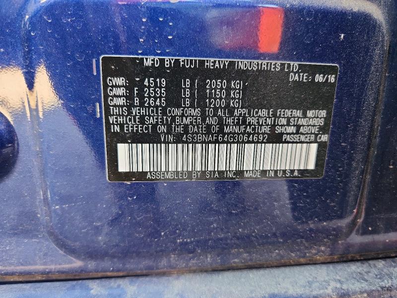 Aukcja sprzedaży 2016 Subaru Legacy, vin: 4S3BNAF64G3064692, numer aukcji: 62118796
