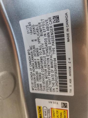 Продаж на аукціоні авто 2025 Honda Civic, vin: 2HGFE2F5XSH563194, номер лоту: 62306806
