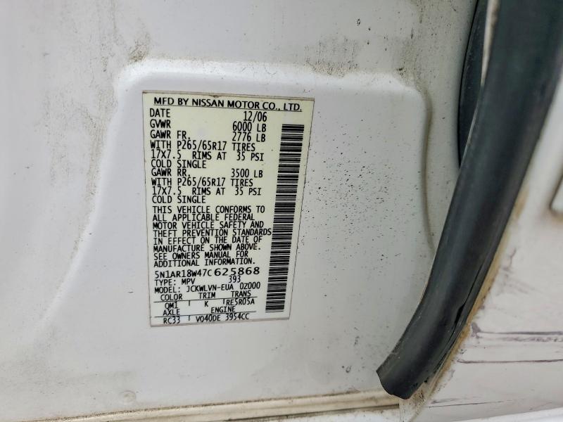 Aukcja sprzedaży 2007 Nissan Pathfinder, vin: 5N1AR18W47C625868, numer aukcji: 59890586