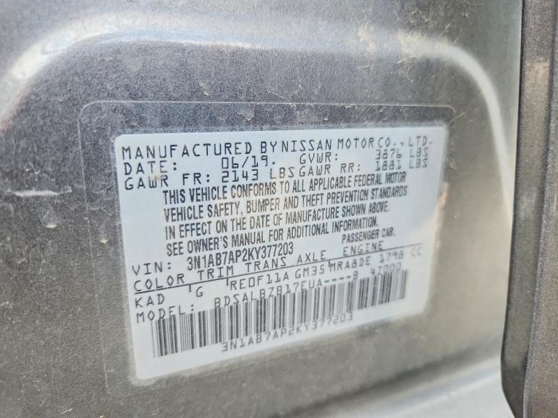 60866166 :رقم المزاد ، 3N1AB7AP2KY377203 vin ، 2019 Nissan Sentra مزاد بيع