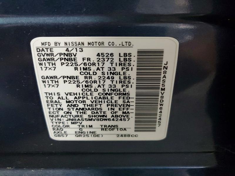 2013 Nissan Rogue მანქანა იყიდება აუქციონზე, vin: JN8AS5MV8DW642457, აუქციონის ნომერი: 61634306