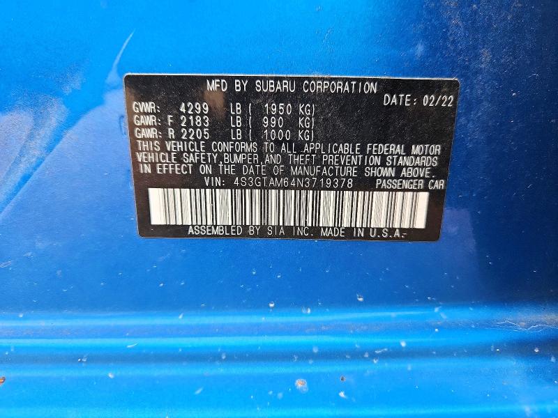 Aukcja sprzedaży 2022 Subaru Impreza, vin: 4S3GTAM64N3719378, numer aukcji: 58291026
