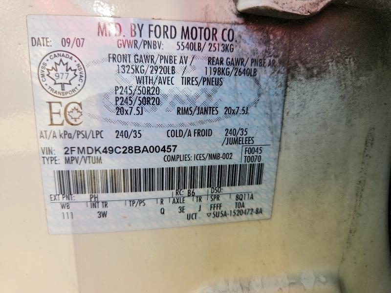 2008 Ford Edge მანქანა იყიდება აუქციონზე, vin: 2FMDK49C28BA00457, აუქციონის ნომერი: 60609856