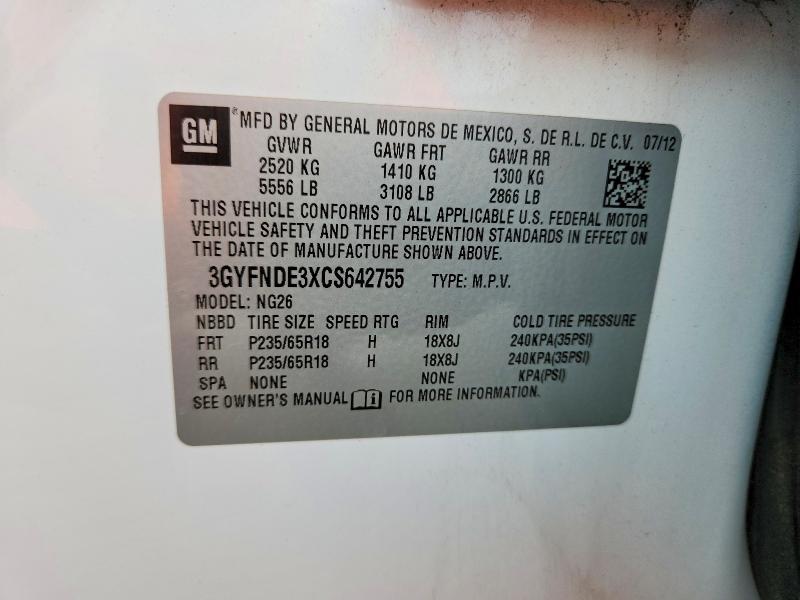 Aukcja sprzedaży 2012 Cadillac Srx, vin: 3GYFNDE3XCS642755, numer aukcji: 62746626