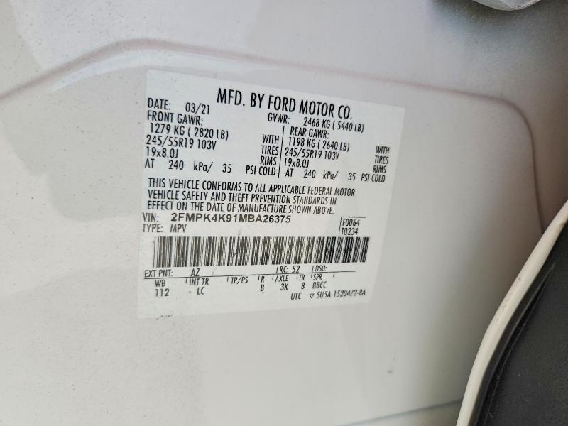 63185356 :رقم المزاد ، 2FMPK4K91MBA26375 vin ، 2021 Ford Edge مزاد بيع