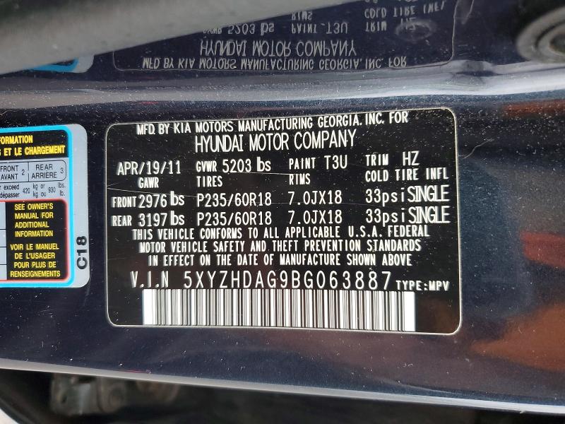 Aukcja sprzedaży 2011 Hyundai Santa Fe, vin: 5XYZHDAG9BG063887, numer aukcji: 60156456
