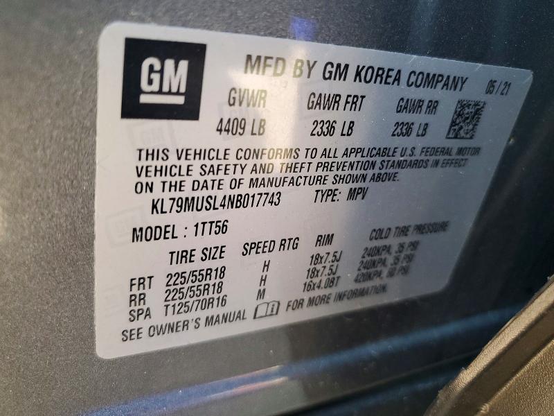 2022 Chevrolet Trailblazer მანქანა იყიდება აუქციონზე, vin: KL79MUSL4NB017743, აუქციონის ნომერი: 61239486