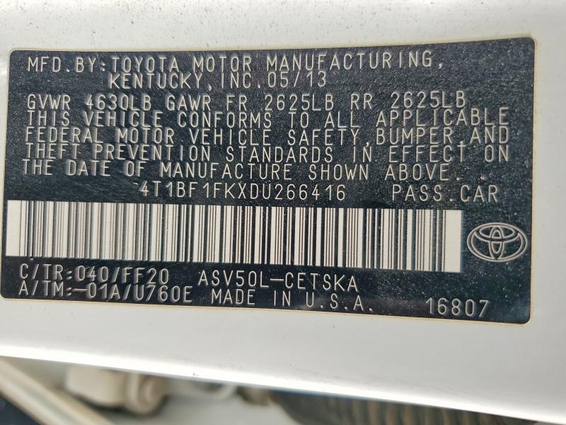 2013 Toyota Camry მანქანა იყიდება აუქციონზე, vin: 4T1BF1FKXDU266416, აუქციონის ნომერი: 61221796
