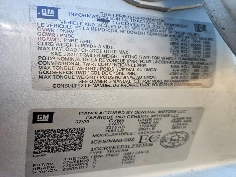 Продажа на аукционе авто 2020 Chevrolet Silverado, vin: 1GCRYEED1LZ323336, номер лота: 62270086