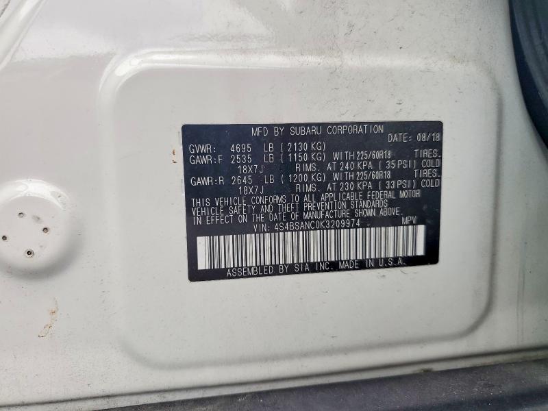Aukcja sprzedaży 2019 Subaru Outback, vin: 4S4BSANC0K3209974, numer aukcji: 61804286