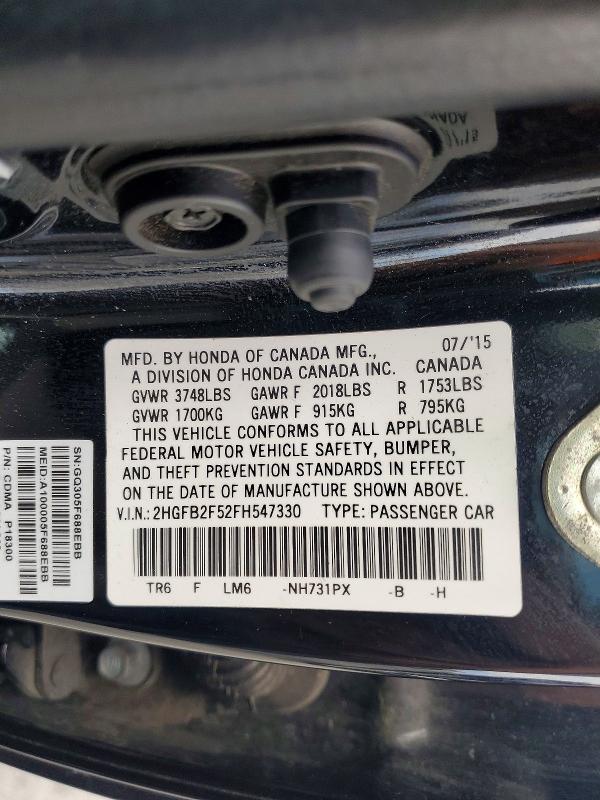Aukcja sprzedaży 2015 Honda Civic, vin: 2HGFB2F52FH547330, numer aukcji: 61793696