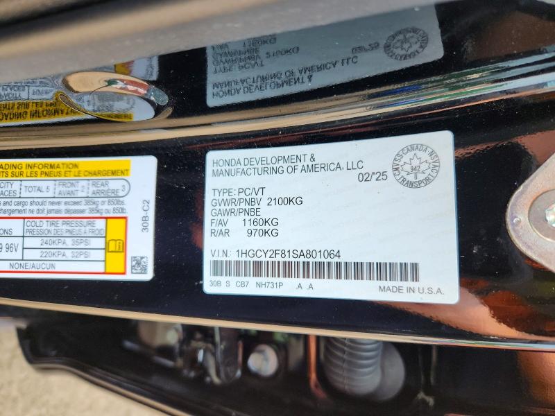 Aukcja sprzedaży 2025 Honda Accord, vin: 1HGCY2F81SA801064, numer aukcji: 62410166