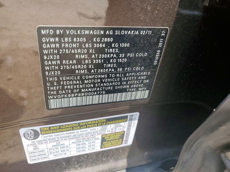 Продажа на аукционе авто 2011 Volkswagen Touareg, vin: WVGFK9BP8BD004775, номер лота: 63173526