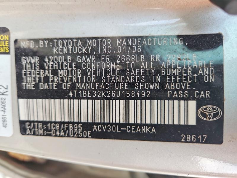 Продаж на аукціоні авто 2006 Toyota Camry, vin: 4T1BE32K26U158492, номер лоту: 61906556
