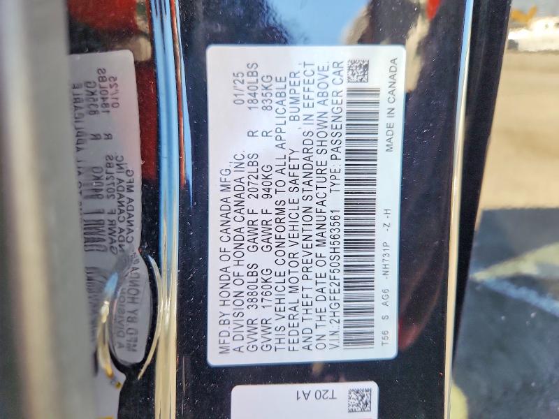 Aukcja sprzedaży 2025 Honda Civic, vin: 2HGFE2F50SH563561, numer aukcji: 59300506