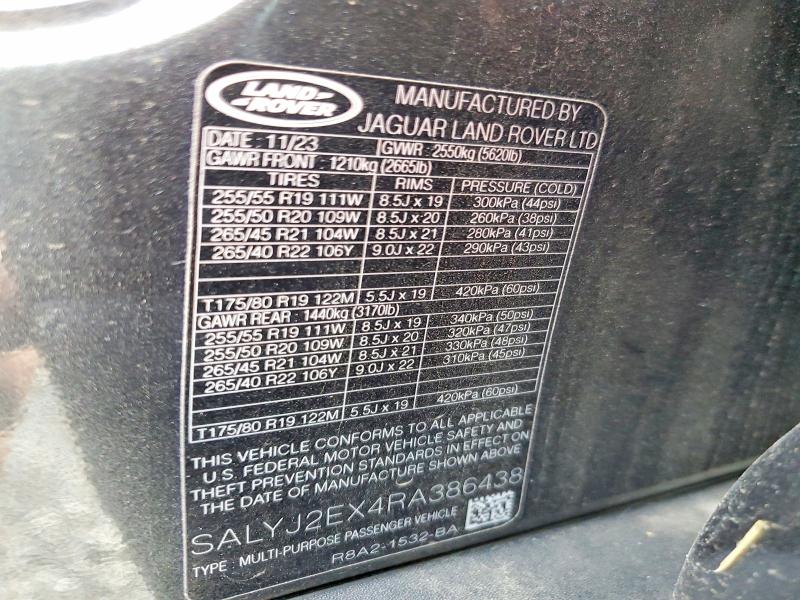 Aukcja sprzedaży 2024 Land Rover Range Rover Velar, vin: SALYJ2EX4RA386438, numer aukcji: 59743456