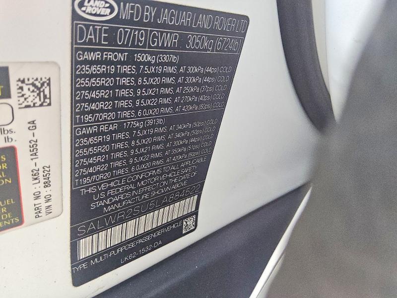 Aukcja sprzedaży 2020 Land Rover Range Rover Sport, vin: SALWR2SU5LA884522, numer aukcji: 61053916