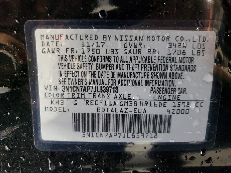 Продажа на аукционе авто 2018 Nissan Versa, vin: 3N1CN7AP7JL839718, номер лота: 62228216