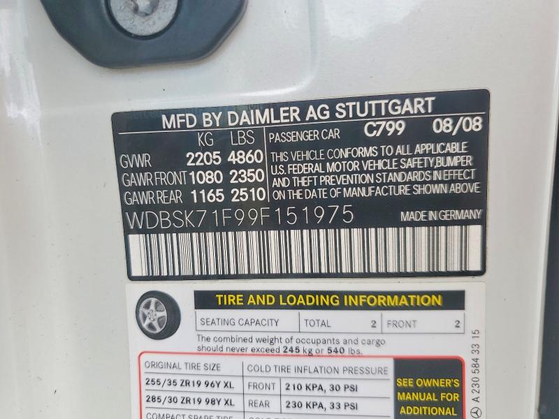 Продажа на аукционе авто 2009 Mercedes-benz Sl, vin: WDBSK71F99F151975, номер лота: 60039776