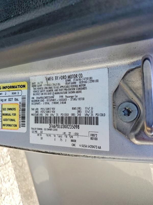Продаж на аукціоні авто 2019 Ford Fusion, vin: 3FA6P0LU3KR235098, номер лоту: 63037086