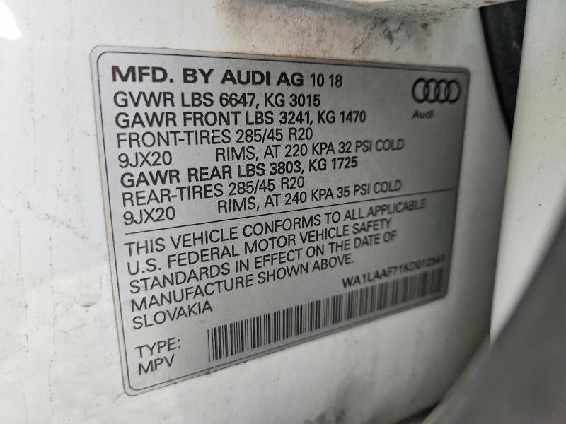 Продаж на аукціоні авто 2019 Audi Q7, vin: WA1LAAF71KD012541, номер лоту: 60522626