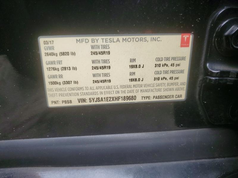 2017 Tesla Model S მანქანა იყიდება აუქციონზე, vin: 5YJSA1E2XHF189680, აუქციონის ნომერი: 62626916