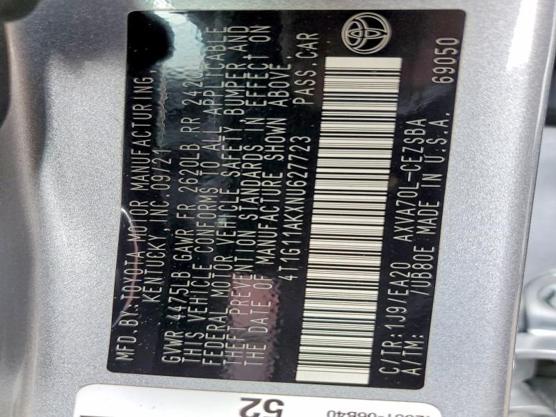 62956486 :رقم المزاد ، 4T1G11AKXNU627723 vin ، 2022 Toyota Camry مزاد بيع