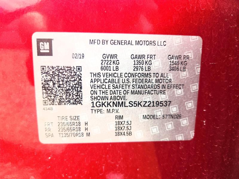 62012406 :رقم المزاد ، 1GKKNMLS5KZ219537 vin ، 2019 Gmc Acadia مزاد بيع