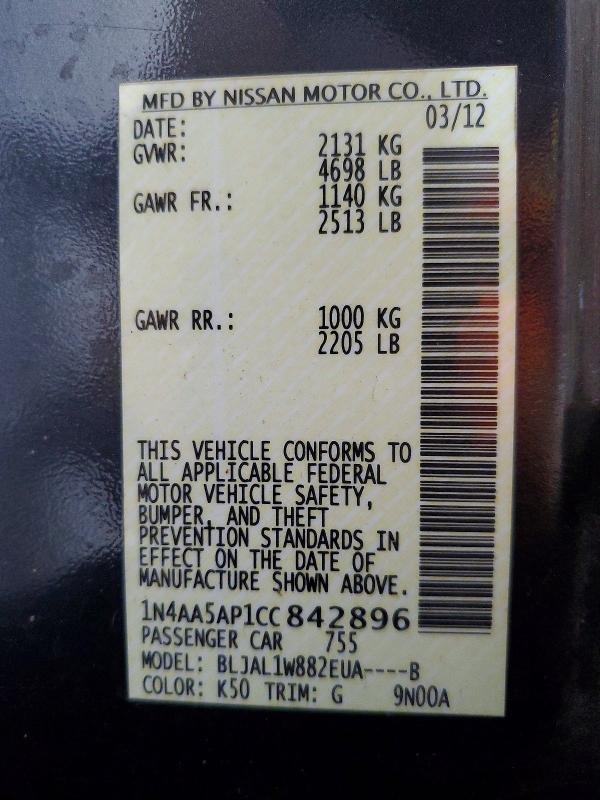 60192436 :رقم المزاد ، 1N4AA5AP1CC842896 vin ، 2012 Nissan Maxima مزاد بيع