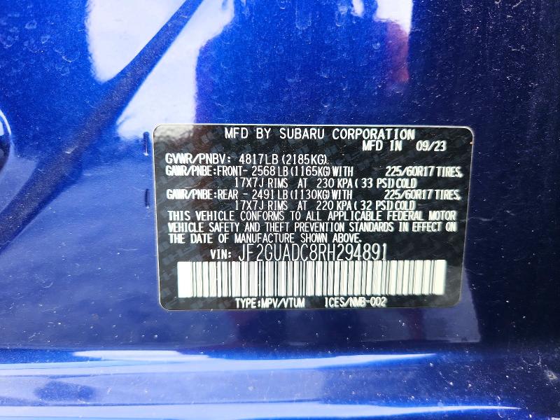 Aukcja sprzedaży 2024 Subaru Crosstrek, vin: JF2GUADC8RH294891, numer aukcji: 60771306