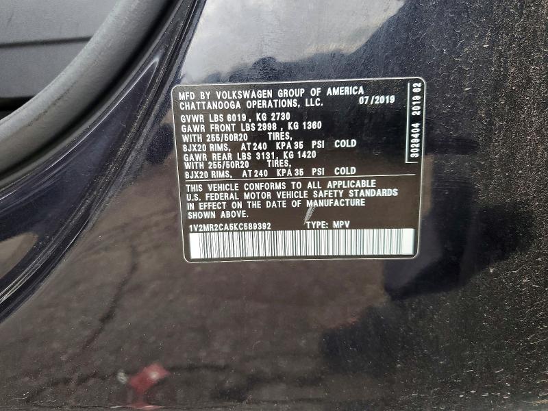 62349556 :رقم المزاد ، 1V2MR2CA5KC589392 vin ، 2019 Volkswagen Atlas مزاد بيع