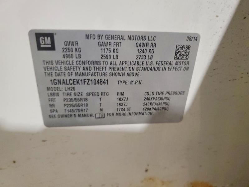 62044806 :رقم المزاد ، 1GNALCEK1FZ104841 vin ، 2015 Chevrolet Equinox مزاد بيع