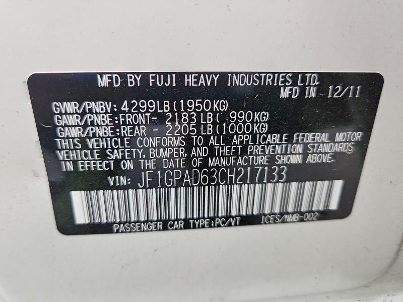62157716 :رقم المزاد ، JF1GPAD63CH217133 vin ، 2012 Subaru Impreza مزاد بيع