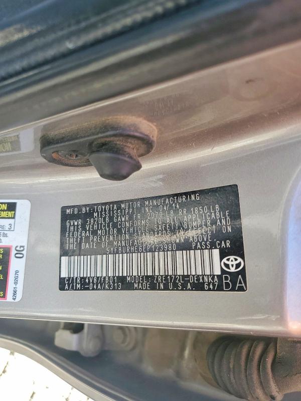 2014 Toyota Corolla მანქანა იყიდება აუქციონზე, vin: 5YFBURHE6EP123980, აუქციონის ნომერი: 58155646