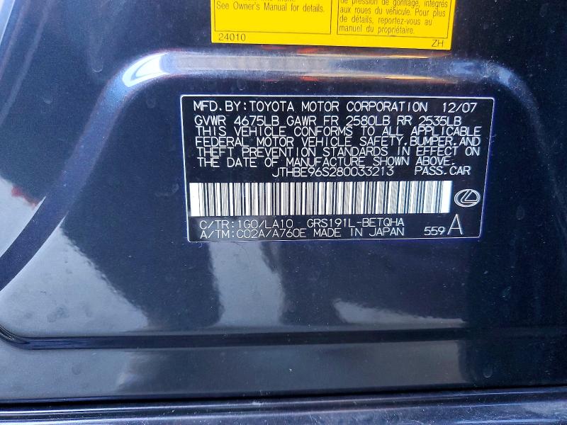 Aukcja sprzedaży 2008 Lexus Gs, vin: JTHBE96S280033213, numer aukcji: 63149216